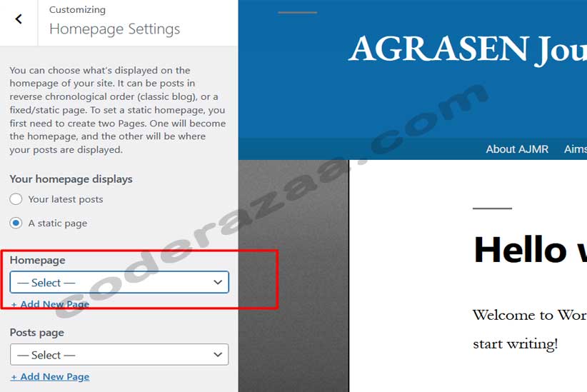 wp hoe to set front page